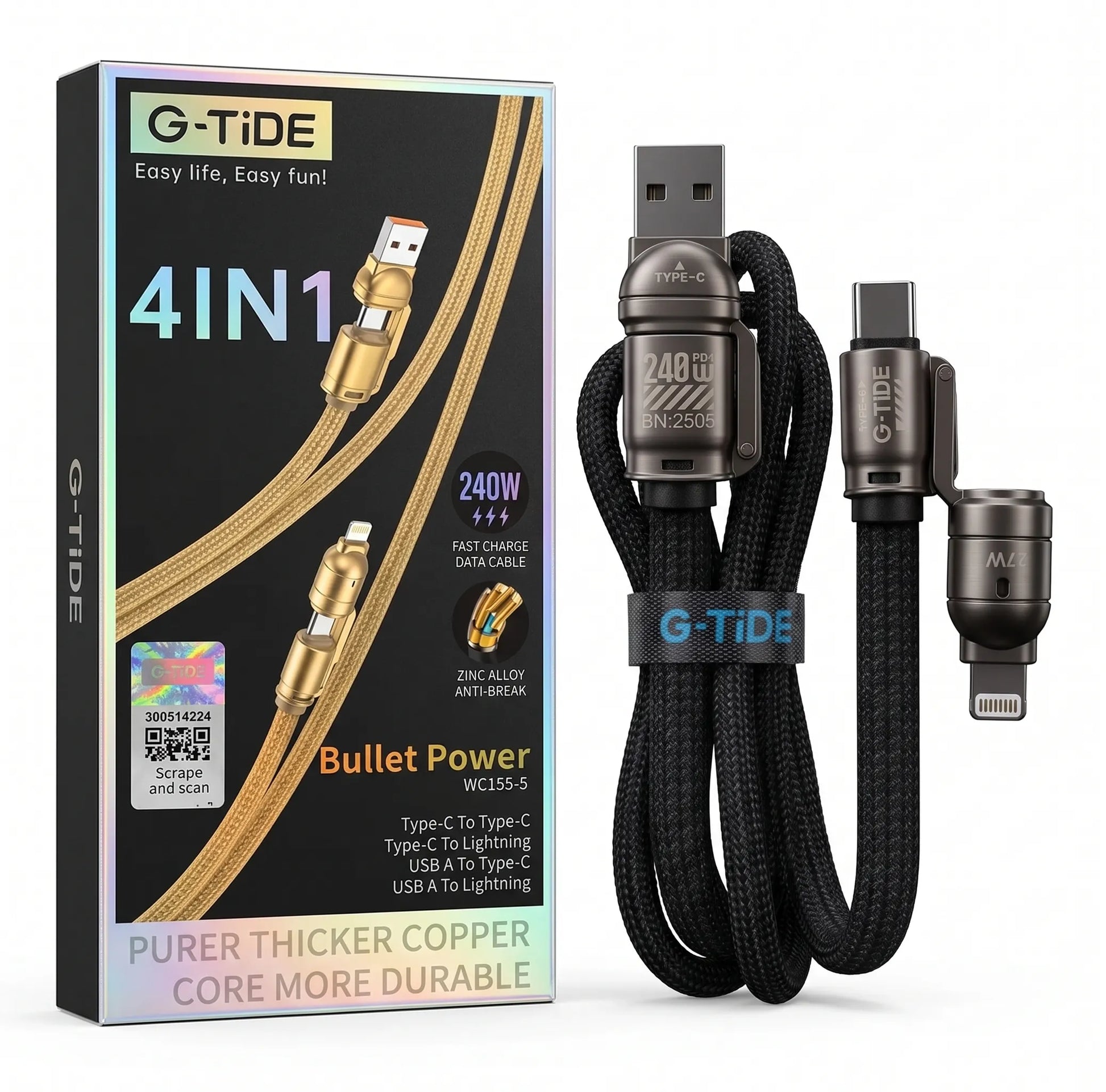 Cable 4 en 1 G-Tide Bullet Power RESISTENTE 240w Carga Rápida Macbook Iphone Android