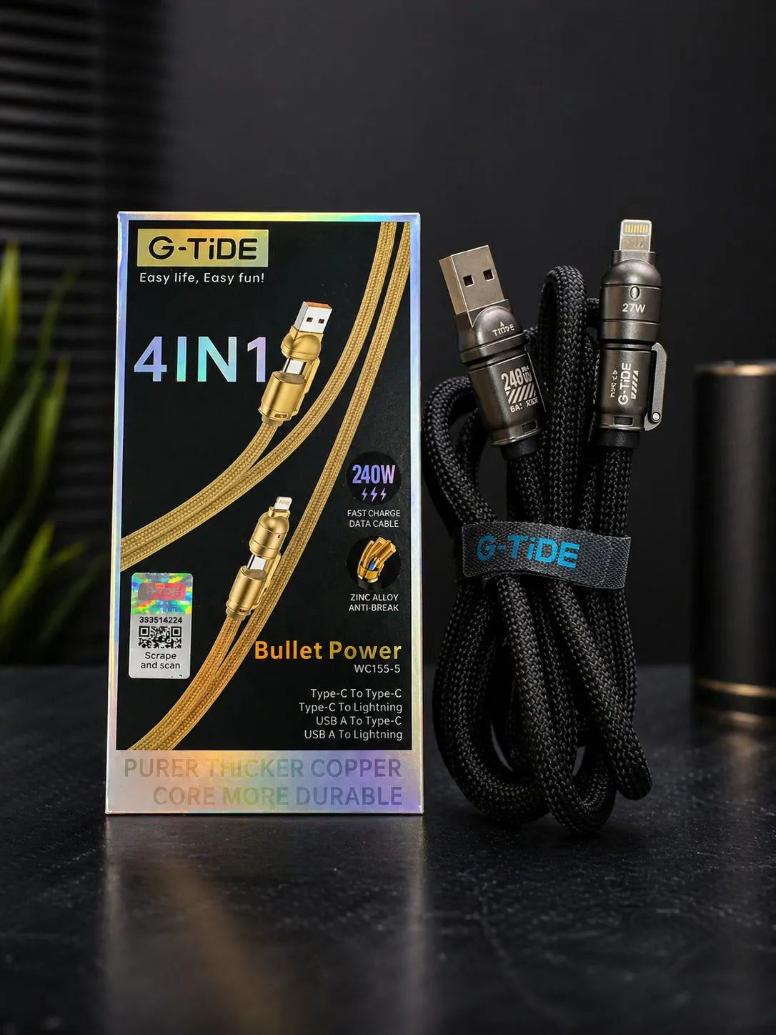 Cable 4 en 1 G-Tide Bullet Power RESISTENTE 240w Carga Rápida Macbook Iphone Android - Vista 3