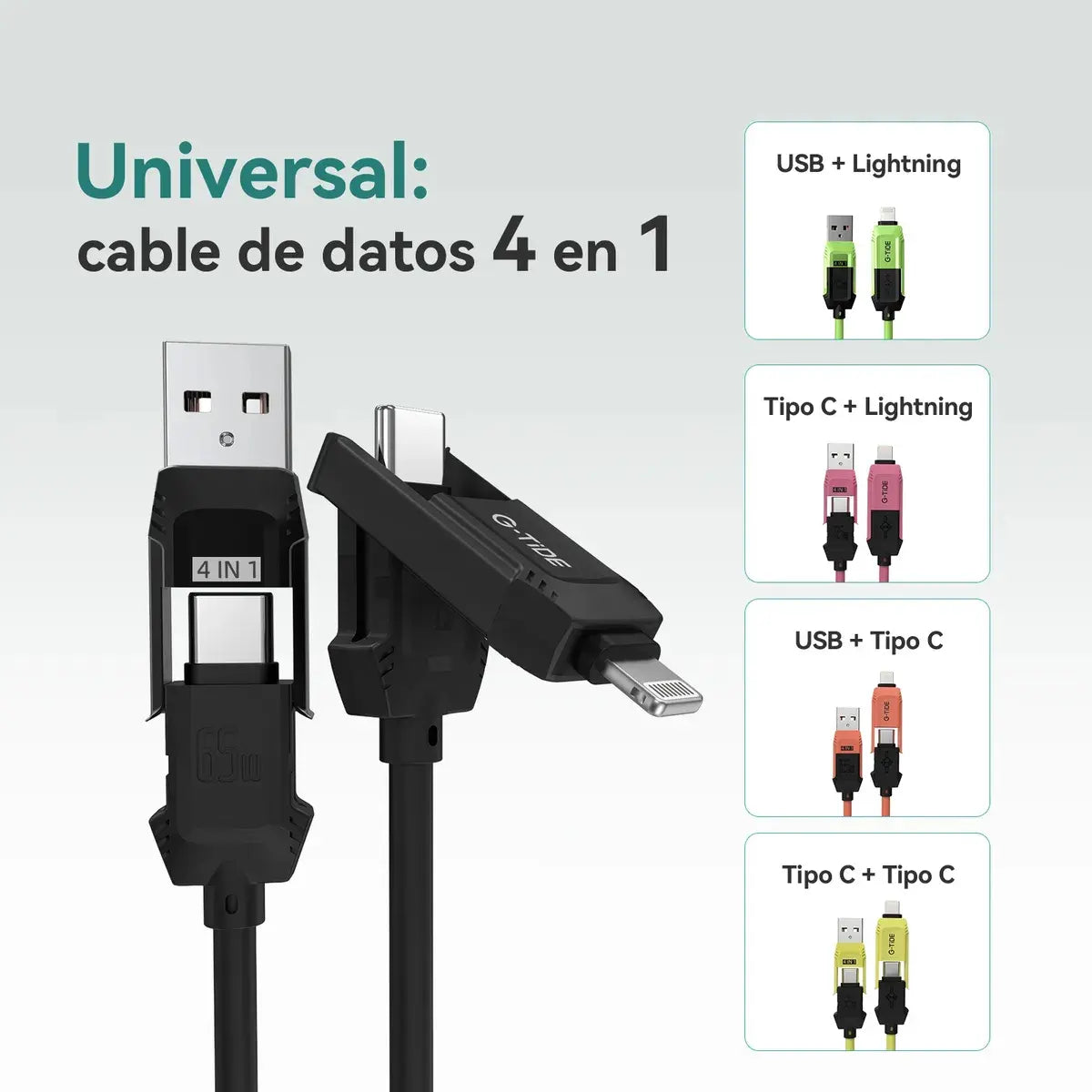 Cable G-Tide Vida Colorida 4 en 1: Carga Ultra Rápida 65W, USB-A/C a Lightning/C (1.5 Metros) para Laptop - Vista 3