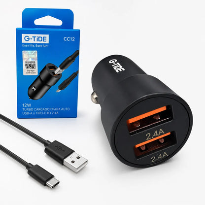 Cargador Carro Vehículo G-Tide CC12 12W 2.4A + Cable Tipo C