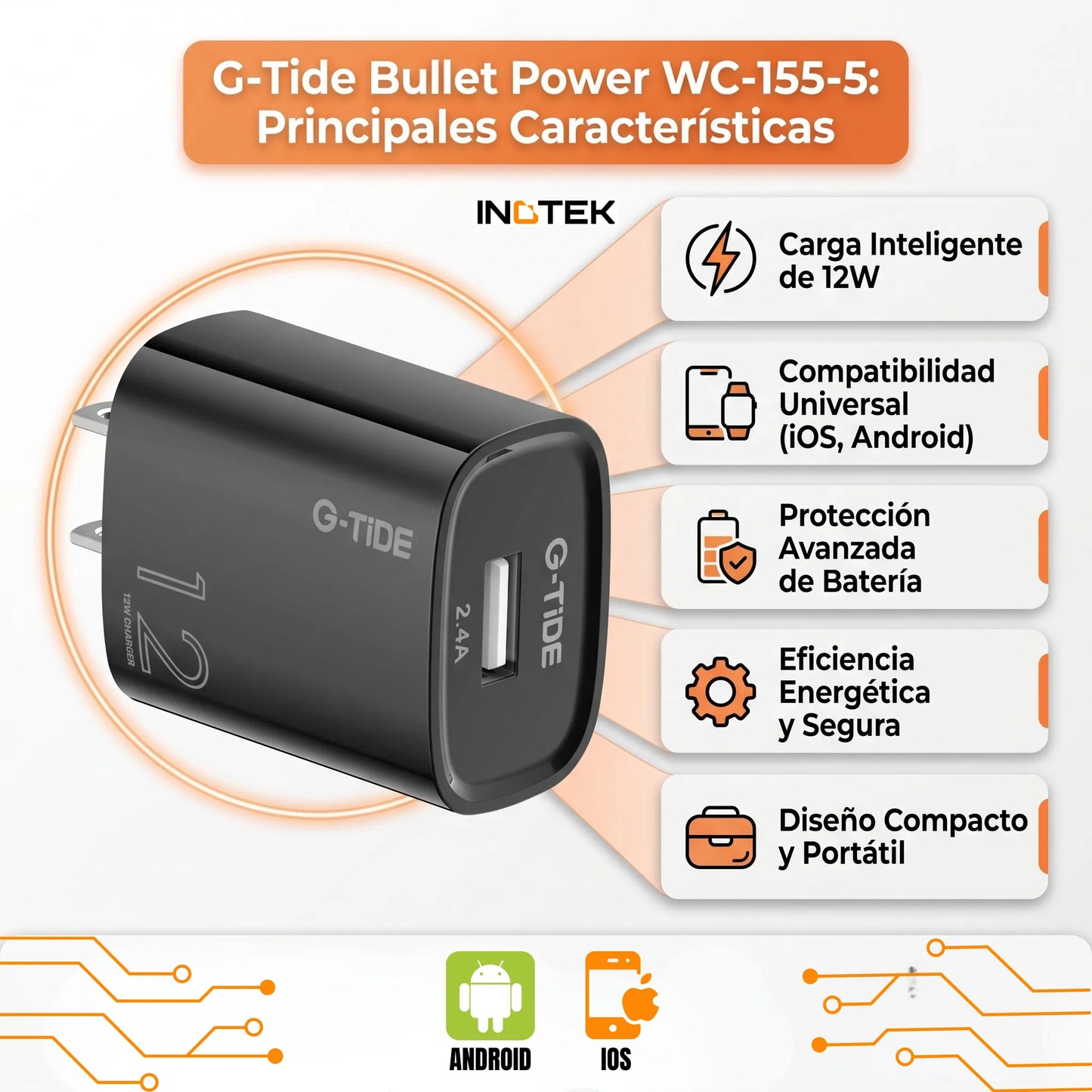 Cargador Cubito G-Tide CH12B Cabezote 12W 2.4A Carga Estable Universal - Vista 4