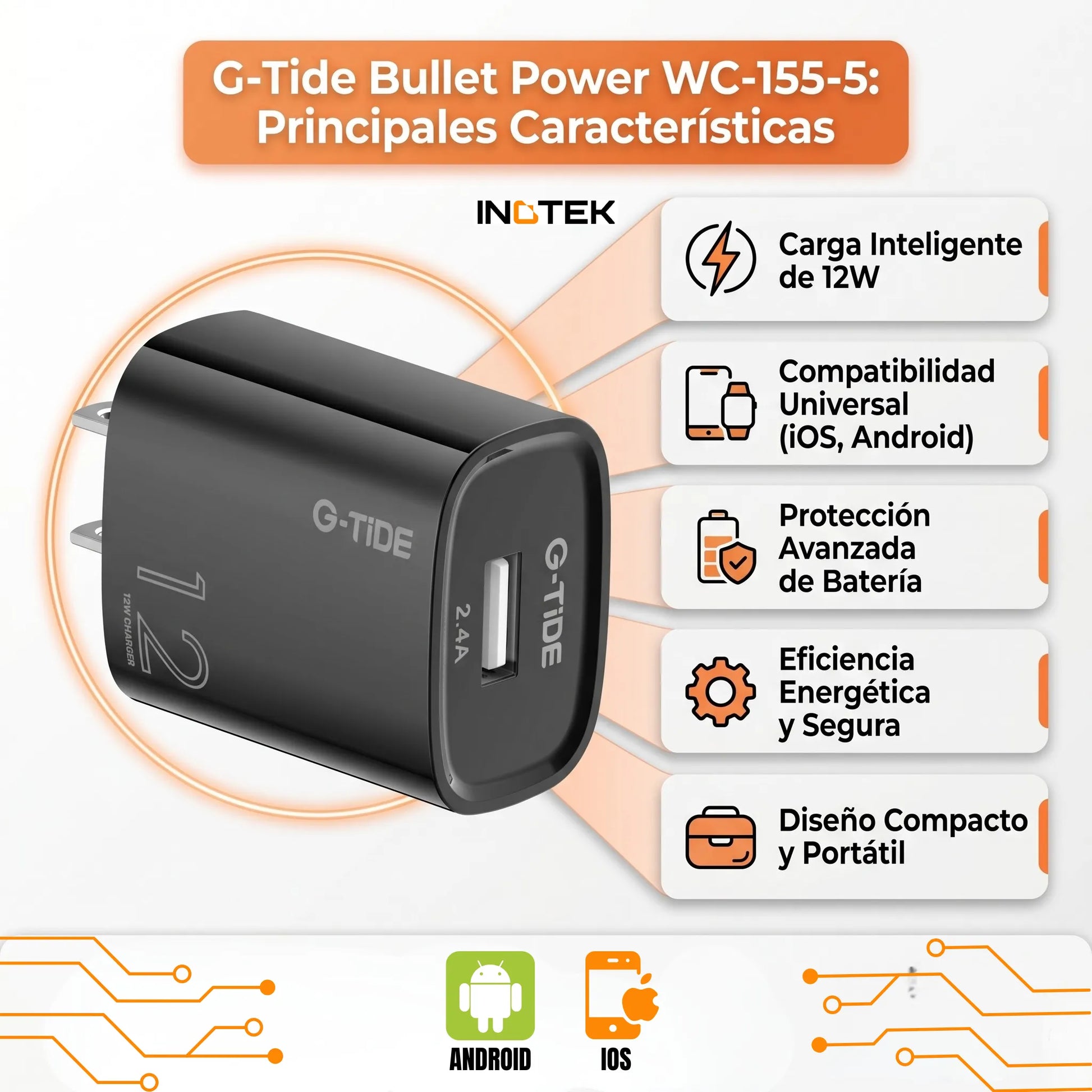 Cargador Cubito G-Tide CH12B Cabezote 12W 2.4A Carga Estable Universal - Vista 4