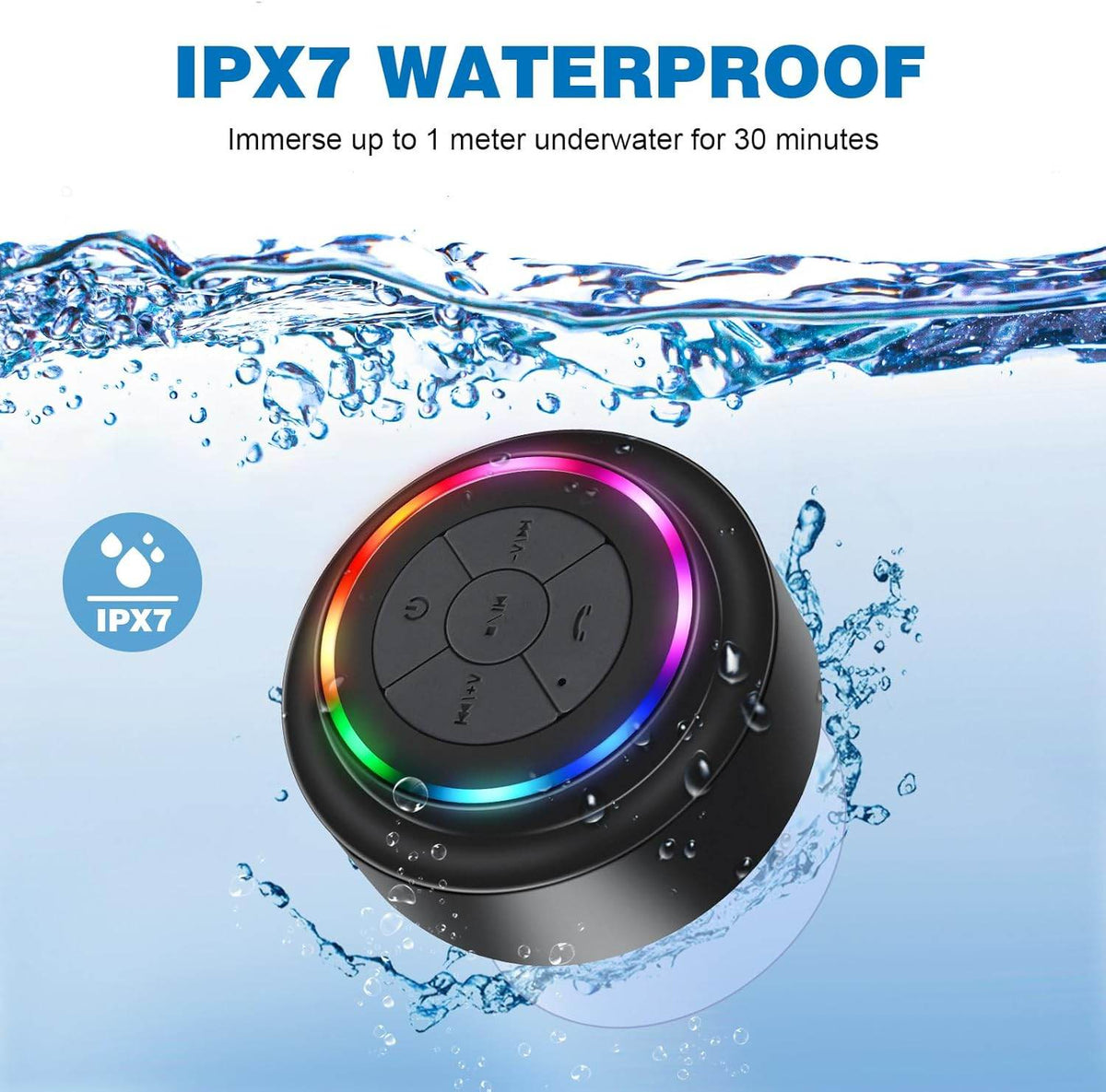 Altavoz Ducha Bluetooth 5.3 Con Luces RGB Y Ventosa - Mini Altavoz Portátil IP7 Impermeable, Sonido Estéreo, 8 Horas Batería, Ideal Para Baño