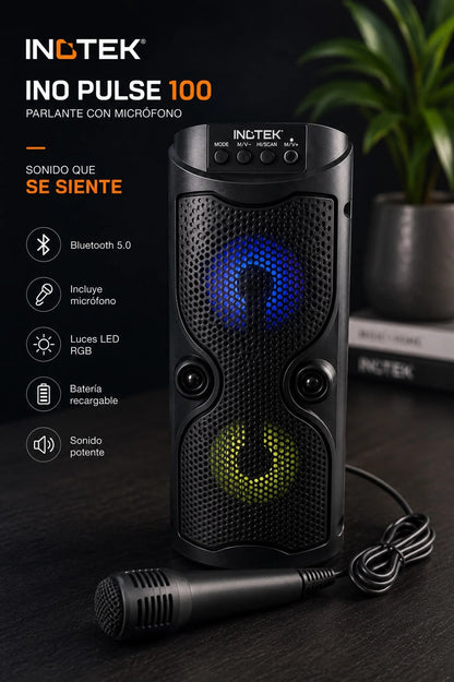 Parlante con microfono Ino Pulse 100 | Bluetooth, Luces LED y Portátil
