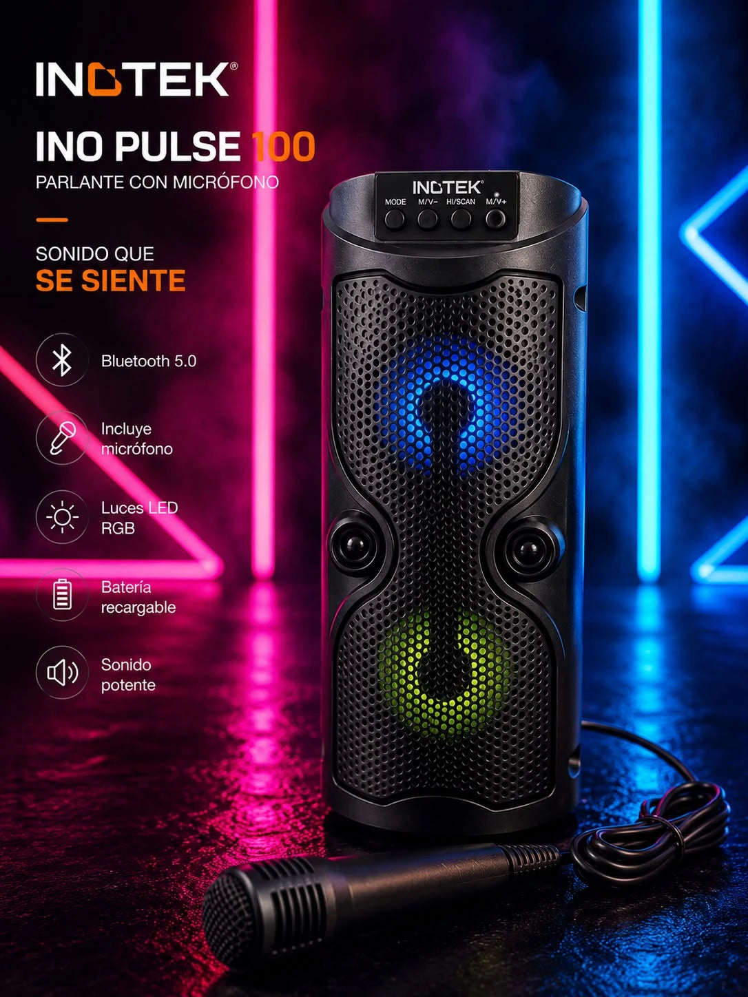 Parlante con microfono Ino Pulse 100 | Bluetooth, Luces LED y Portátil
