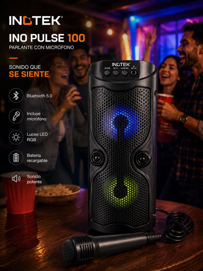 Parlante con microfono Ino Pulse 100 | Bluetooth, Luces LED y Portátil