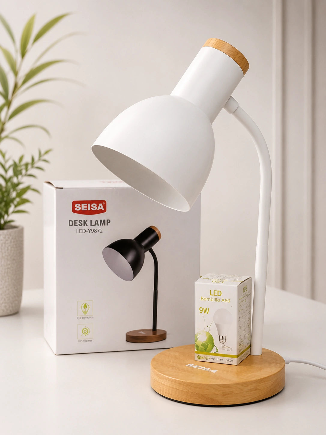 Lámpara de Escritorio Moderna LED-Y9872 | Base de Madera (Incluye Bombillo)