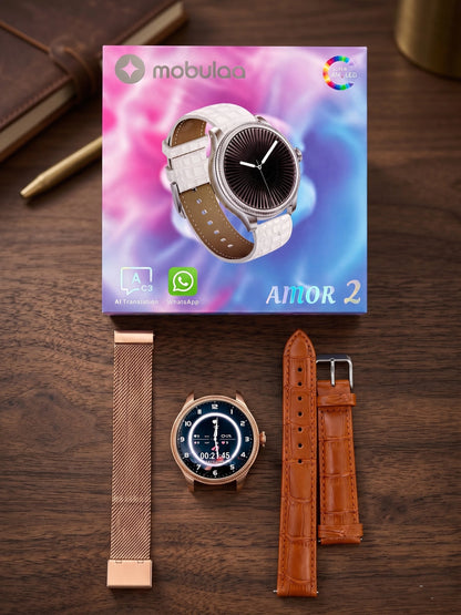 Smartwatch AMOR 2 | Reloj Inteligente AMOLED, Llamadas Bluetooth y Diseño Dorado Premium con 2 Correas