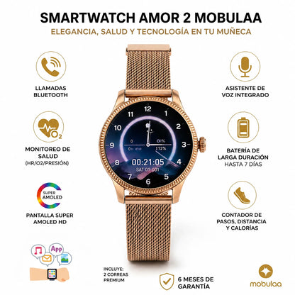 Smartwatch AMOR 2 | Reloj Inteligente AMOLED, Llamadas Bluetooth y Diseño Dorado Premium con 2 Correas