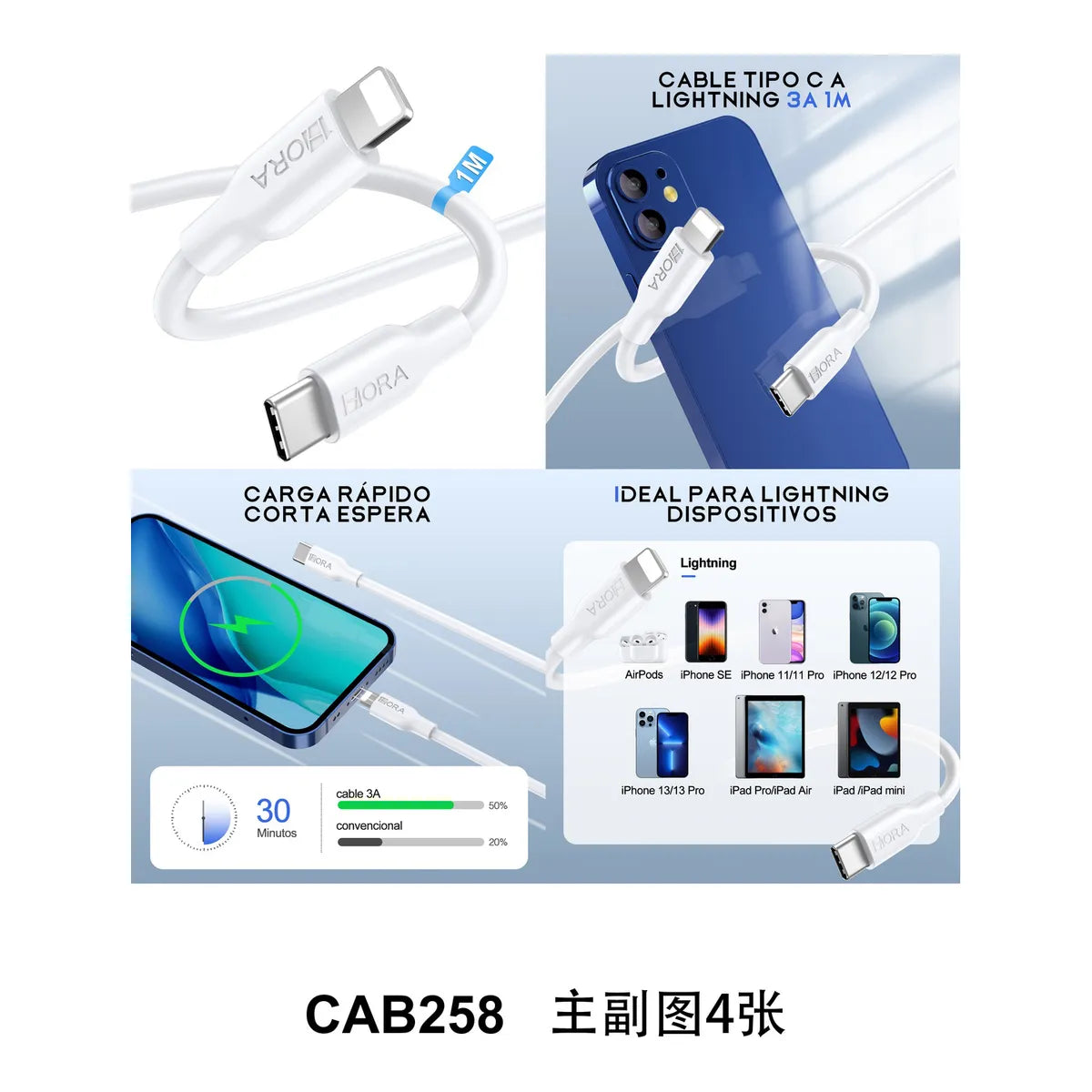 Cable USB-C a Lightning CAB258 de 1 Metro para iPhone