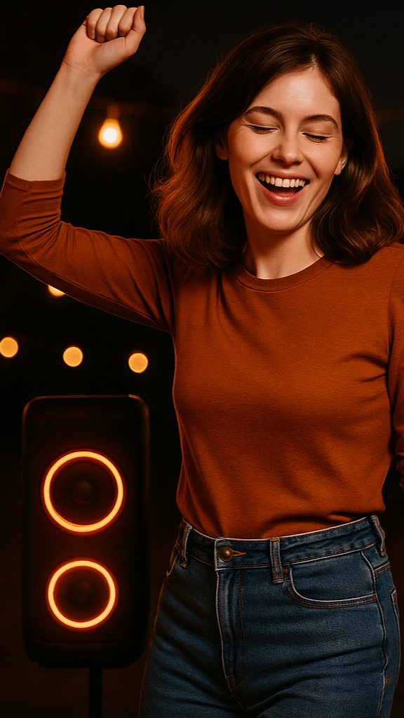 woman with closed eyes enjoying the music, with two portable speakers